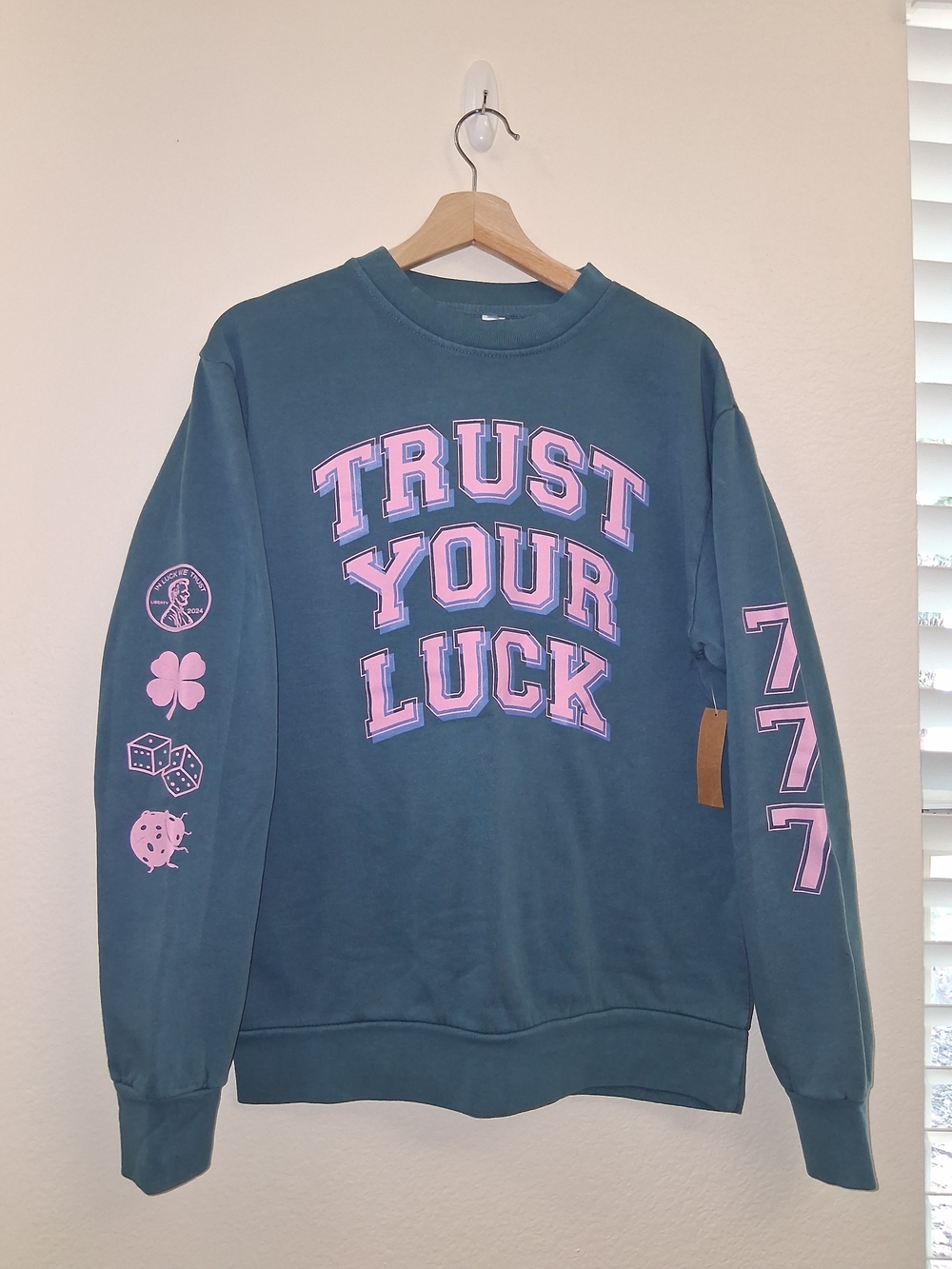 Slate Blue "Trust Your Luck" Graphic Crewneck Sweatshirt with Pink Accents SZ S